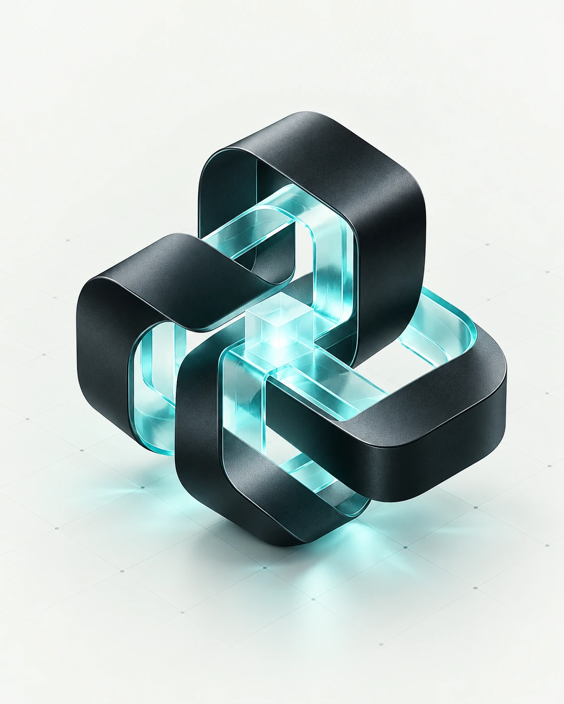 Interlocking dark and cyan pathways converging around an evidence core